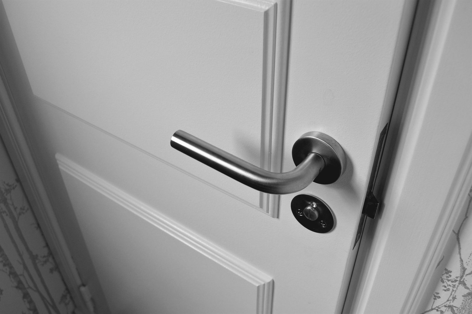 Close-up of a sleek steel door handle on a white door, showcasing modern interior design in monochrome.